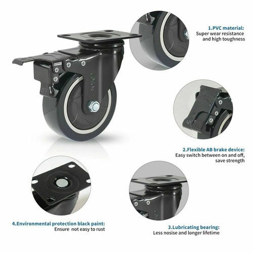 EOS Black Heavy Duty Castor Wheels 600KG 100mm Rubber Swivel Furniture Trolley - Picture 28 of 35