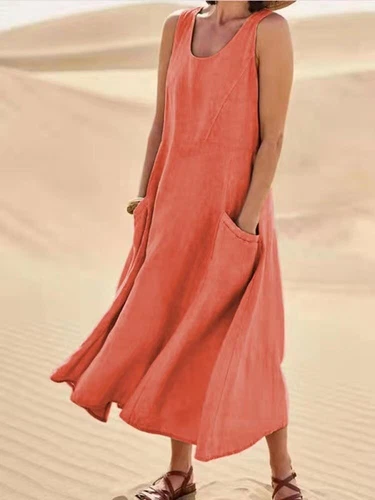 Women's Cotton Linen Maxi Dress Ladies Solid Pockets Sleeveless Summer Sundress - Picture 19 of 34