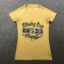 Nashville Predators Shirt Womens Small Yellow Short Sleeve Hockey V Neck *