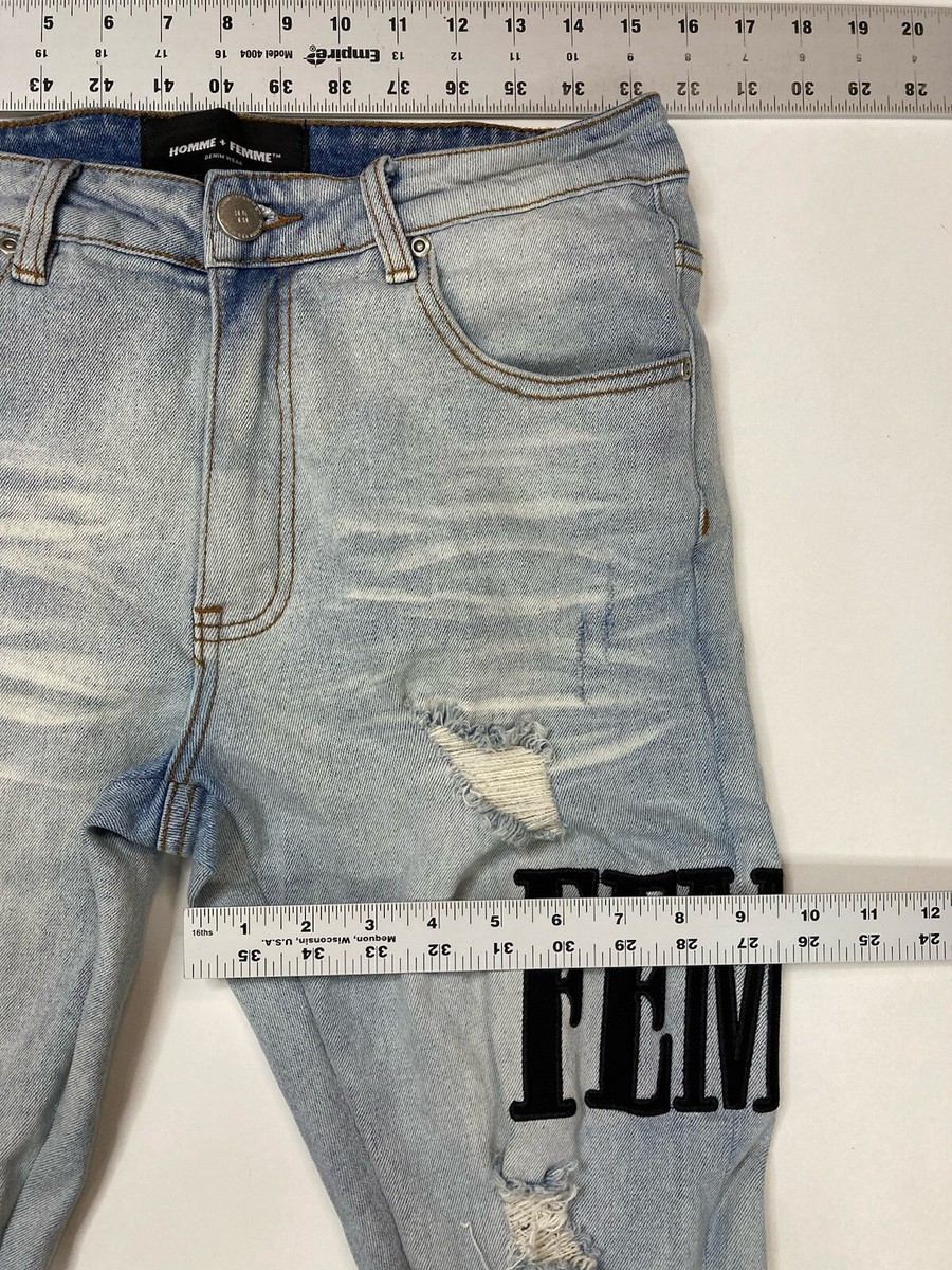 Homme + Femme Letterman Distressed Slim Fit Denim Jeans Men 32 x