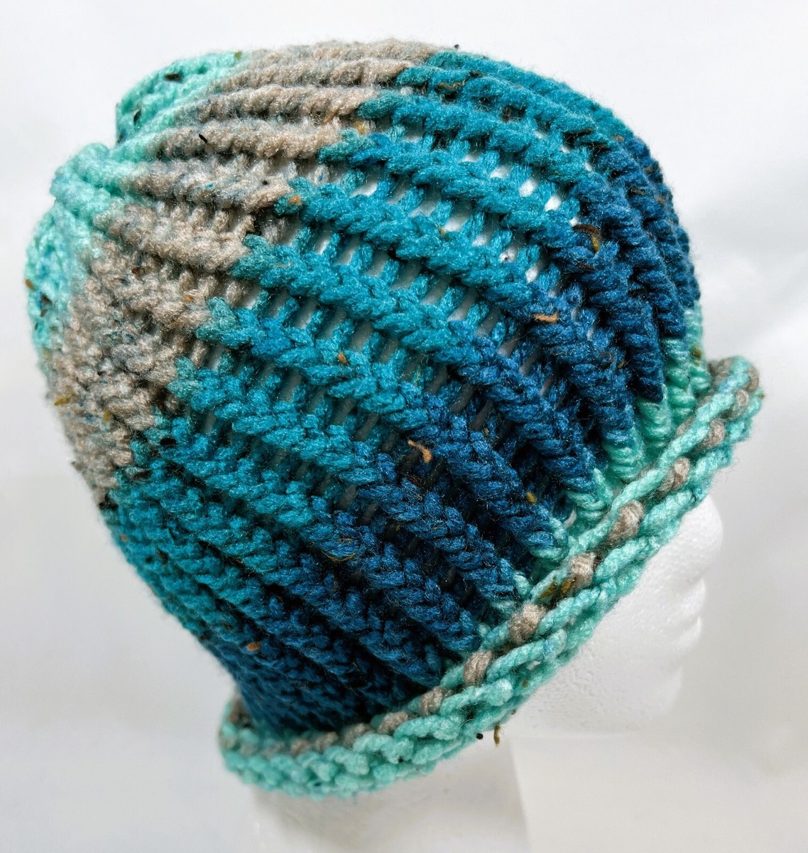 Hand Knit Hat Beanie Teal Turquoise Tan Tweed Adult Women's Men's Acrylic  Blend