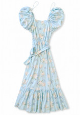 LoveShackFancy Blue Floral Puff Sleeve Midi Dress Cottagecore Size 6
