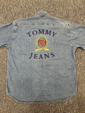 Vintage 90s Tommy Jeans Denim Shirt Small Crest Embroidered Spellout Flag Logo