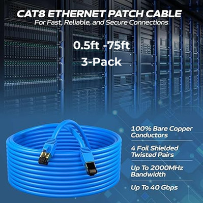3-Pack CAT8 Ethernet Patch Cable Copper 26AWG SFTP RJ-45  0.5-75FT Blue Lot