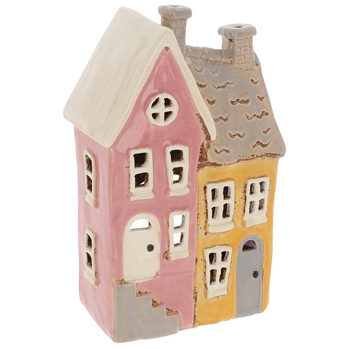 Village Pottery Pink and Yellow Ceramic Terrace House Tealight Holder 350057