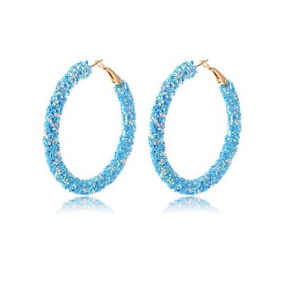 Blue Bohemian Shiny Glitter Sequins Hoop Earrings Sparkle Wrapped Gold Plated Ci
