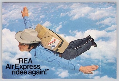 c.1970s REA Air Express Rides Again Advertising Postcard Cowboy Flying