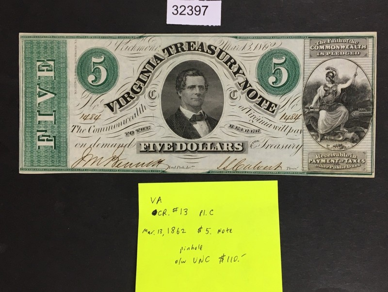 MOMEN US $5 CONFEDERATE VIRGINA TREASURY OBSOLETE NOTE LOT #32397