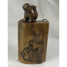 Japanese Wooden Inro Rabbit Zodiac Design Netsuke Antique Collectible