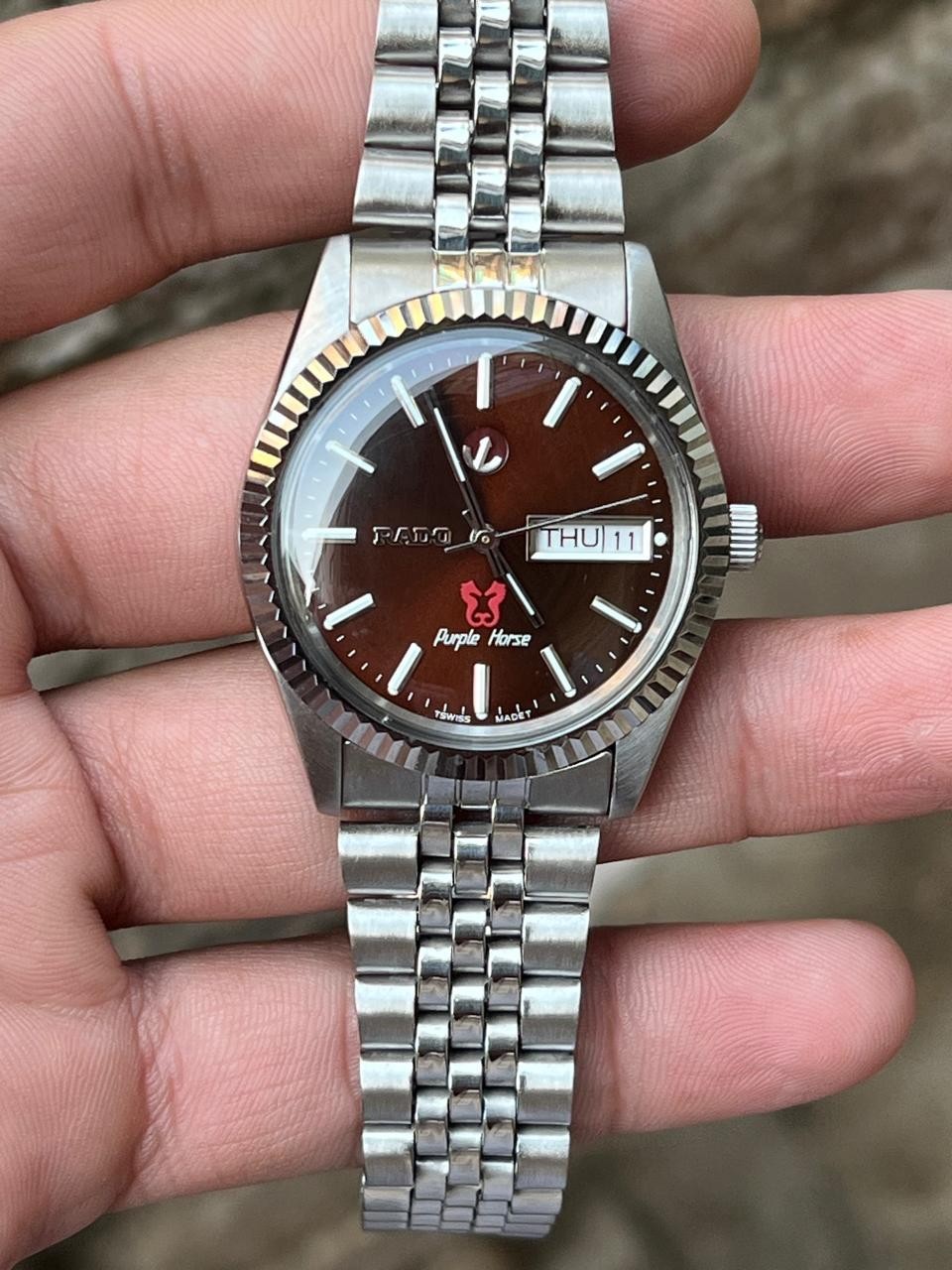 Day Automatic Date Purple Brown Rado Watch Horse Dial Men’s - vintagewatches.pk