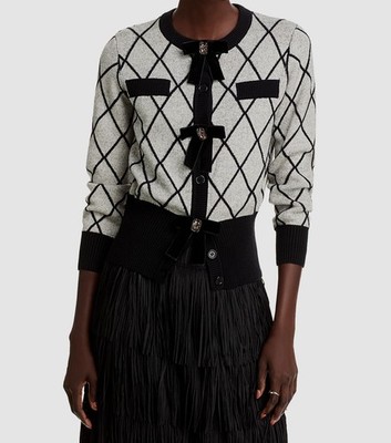 Nancy Yang Women's White Embellished Velvet Bow-Knit Cardigan Sweater Size S