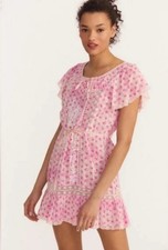 LoveShackFancy Niall Dress Pink Divine Hand Dye XL Mini Dress Bows Lace