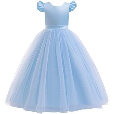 Flower Girls Satin Tulle Bridesmaid Dress Long A Line Wedding 4-5T Light Blue