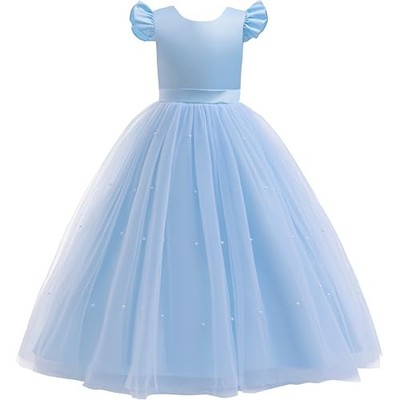  Flower Girls Satin Tulle Bridesmaid Dress Long A Line Wedding 4-5T Light Blue