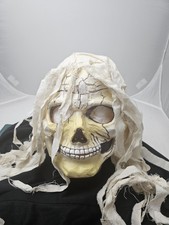 Vintage FUN WORLD DIV RIP Skull Skeleton Mask Long White Hair Halloween