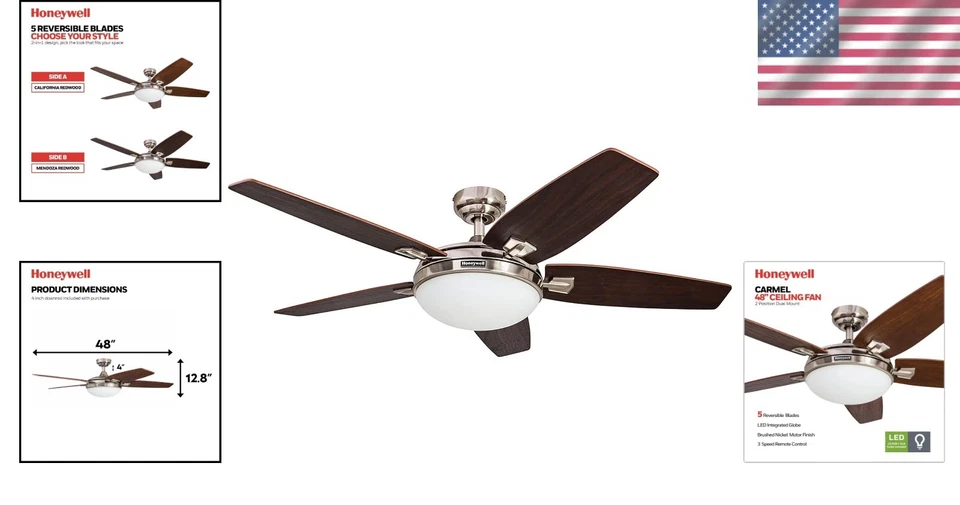 Modern 48" Ceiling Fan - Reversible Motor, Brushed Nickel - Image 2 of 4