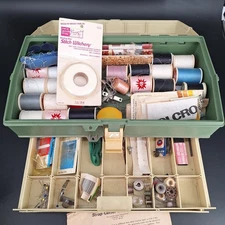 PLANO Box Vintage Sewing Craft Box Organizer Loaded Thread Notions Supplies Kit