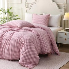 Pink Gingham Pompom Duvet Cover Bedding Set Queen Size,3 Pieces 100 Washed