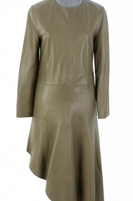 Stand Studio Leather Dress Lamb Nappa Brown Asymmetric Hem Midi EU 36 UK 8