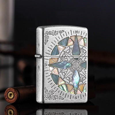 Antique Silver Inlay Compass Zippo Lighter US Shipping