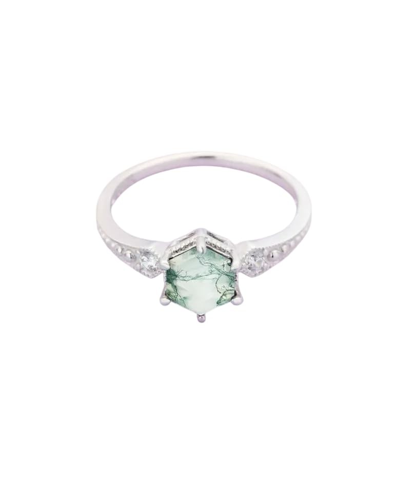 NATURAL GREEN MOSS AGATE & CZ GEMSTONE BIRTHSTONE 925 SOLID SILVER WOMENS RING