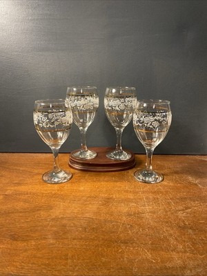 4 Vintage Pasabahce Circle Art of Glass White Roses Foliage With Gold Rims Wine