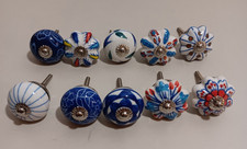 Set of 10 Blue and White Hand Painted Ceramic Pumpkin knobs Cabinet Drawer Ha...