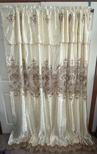 Pair (2) Curtain Panels Attached Valance Ivory Shimmer Satin Sheer Lace 54 X 87”