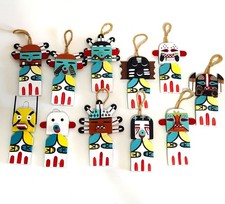 Flat Kachina Style Dolls, 11 Hand Painted 3.5" Tall Ornaments Signed VS
