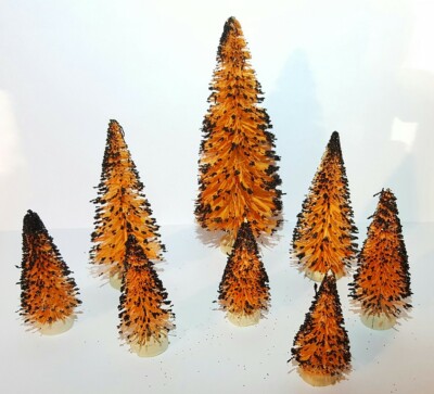 Set of 8 Halloween Orange Black Glitter Flocked Mini Sisal Bottle Brush Trees