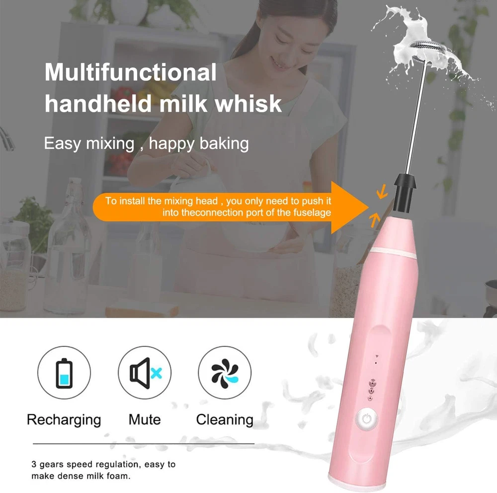 Milk Frother Handheld,  Rechargeable Whisk Drink Mixer for Coffee with Art Stenc
