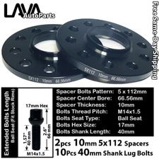 2PC 10MM THICK 5X112 66.5MM C.B WHEEL SPACER+10 BOLTS FIT AUDI/MACAN STOCK WHEEL