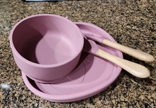 Silicone 4 pc Infant Toddler Feeding Suction Cup Bowl Wooden Handle Fork Spoon