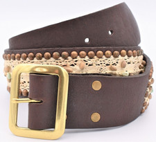 Vintage Stitched Leather Laces Belt Size 32  Lace Beaded Brass Studs Hippie