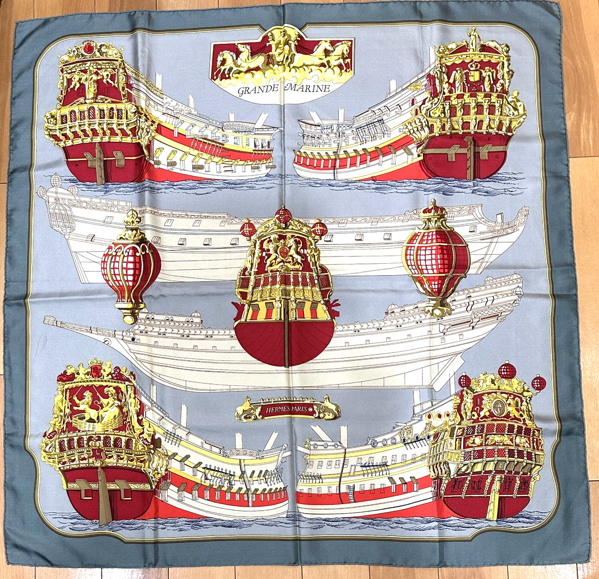 NEW! RARE VTG HERMES Silk Scarf GRANDE MARINE 1979 Carre 90 Gray