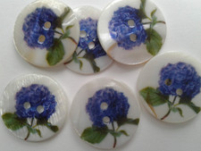 6 Shell Buttons, Blue Flower Design 25mm. Jewellery Making/Sewing/Crafts/Beading