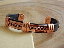 Solid Copper Leather Wrapped Magnetic Bracelet Energy Pain Jewelry Cuban Chain