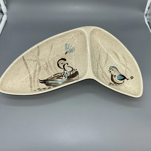 Vintage Red Wing Pottery Bob White Quail Boomerang Divided Dish Relish Tray USA