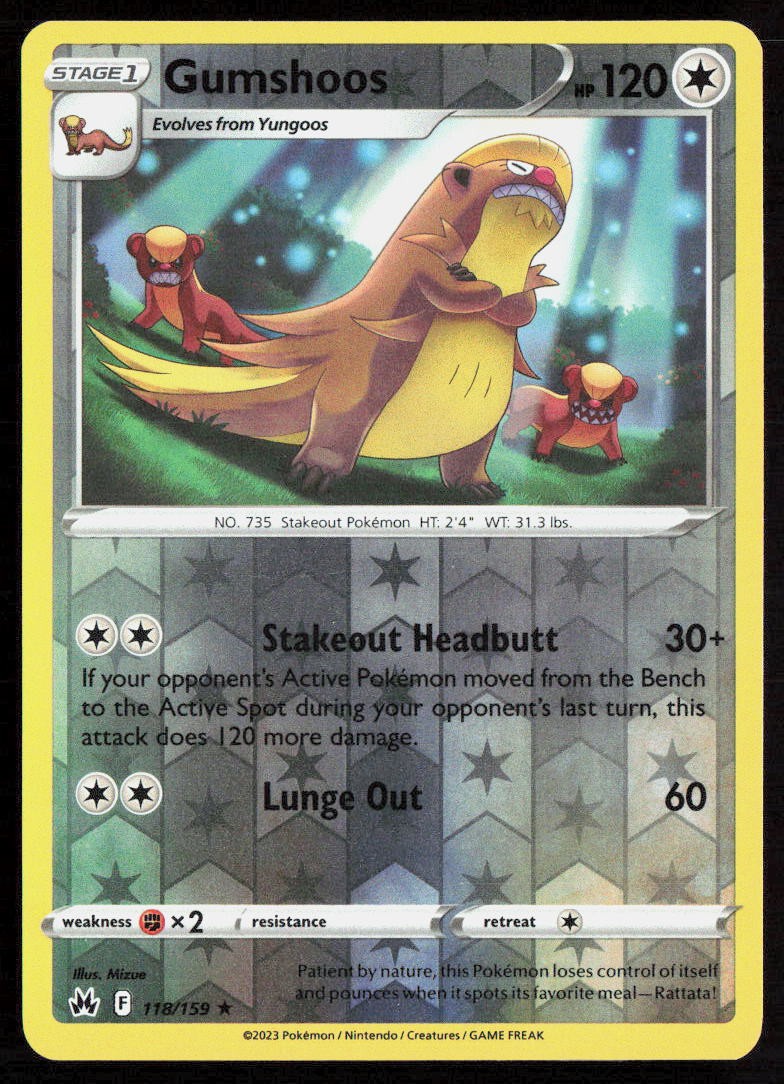 Pokemon Gumshoos Rare 118/159 SWSH: Crown Zenith Reverse Holofoil NM