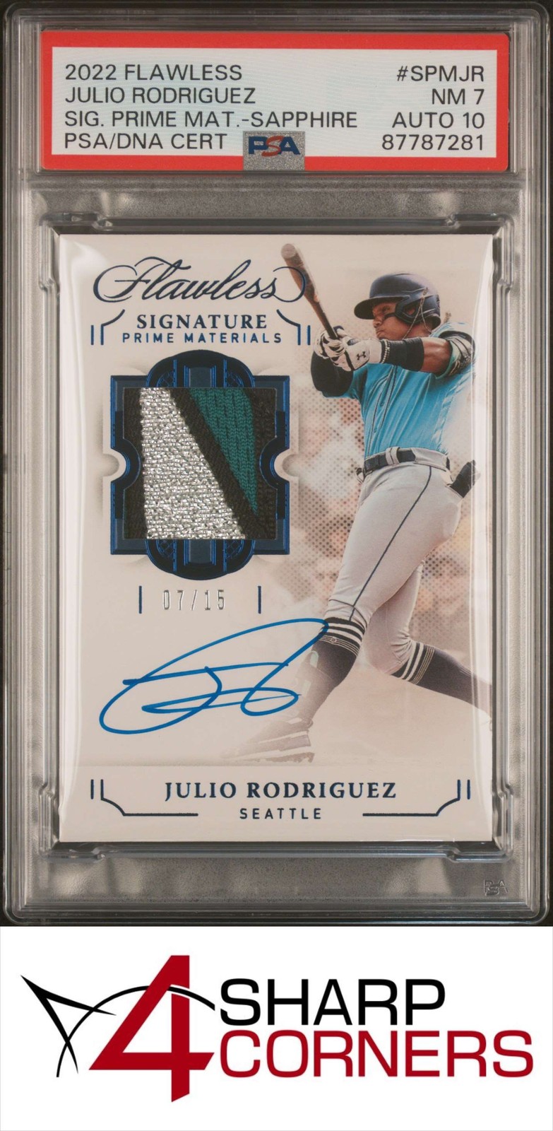 2022 FLAWLESS PRIME MATERIALS SAPPHIRE JULIO RODRIGUEZ RC #/15 PSA 7 DNA AUTO 10 view 1