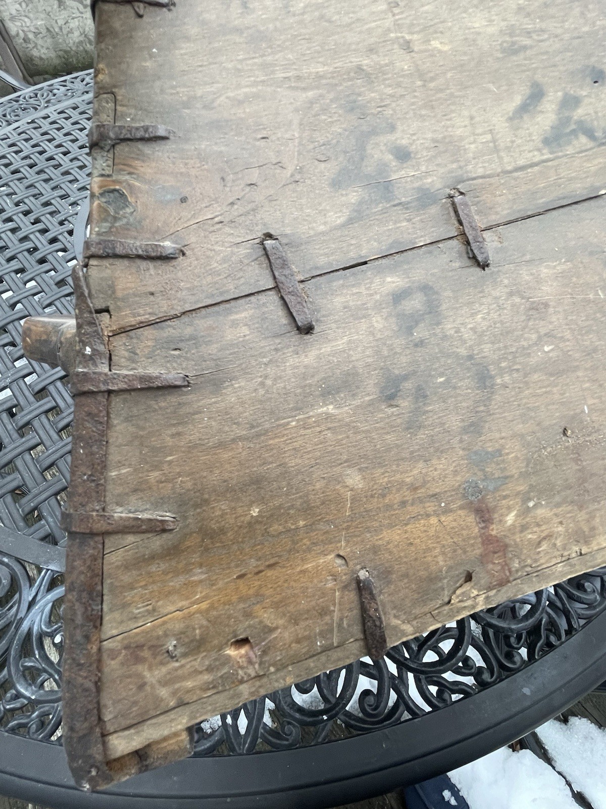 Antique Chinese Wooden Rice Bucket Pail Grain Carrier w/ Iron Bands Orig Writing