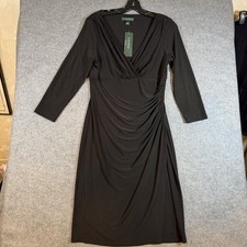 Lauren Ralph Lauren Dress Womens 10 Black Ruched Jersey 3/4 Sleeve Knee Length
