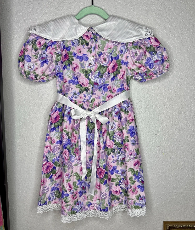 Vintage Girls Pink Purple Floral Lace Trim Puff Sleeve Dress Size 6x - Image 2 of 4