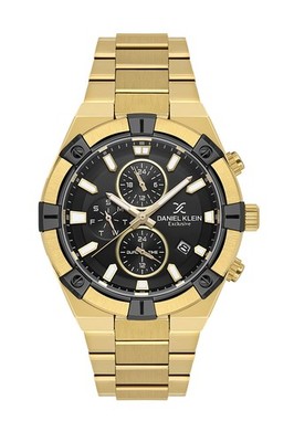 Mens 45mm Quartz Watch Steel Strap Gold / Black Dial Day-Date calendar,