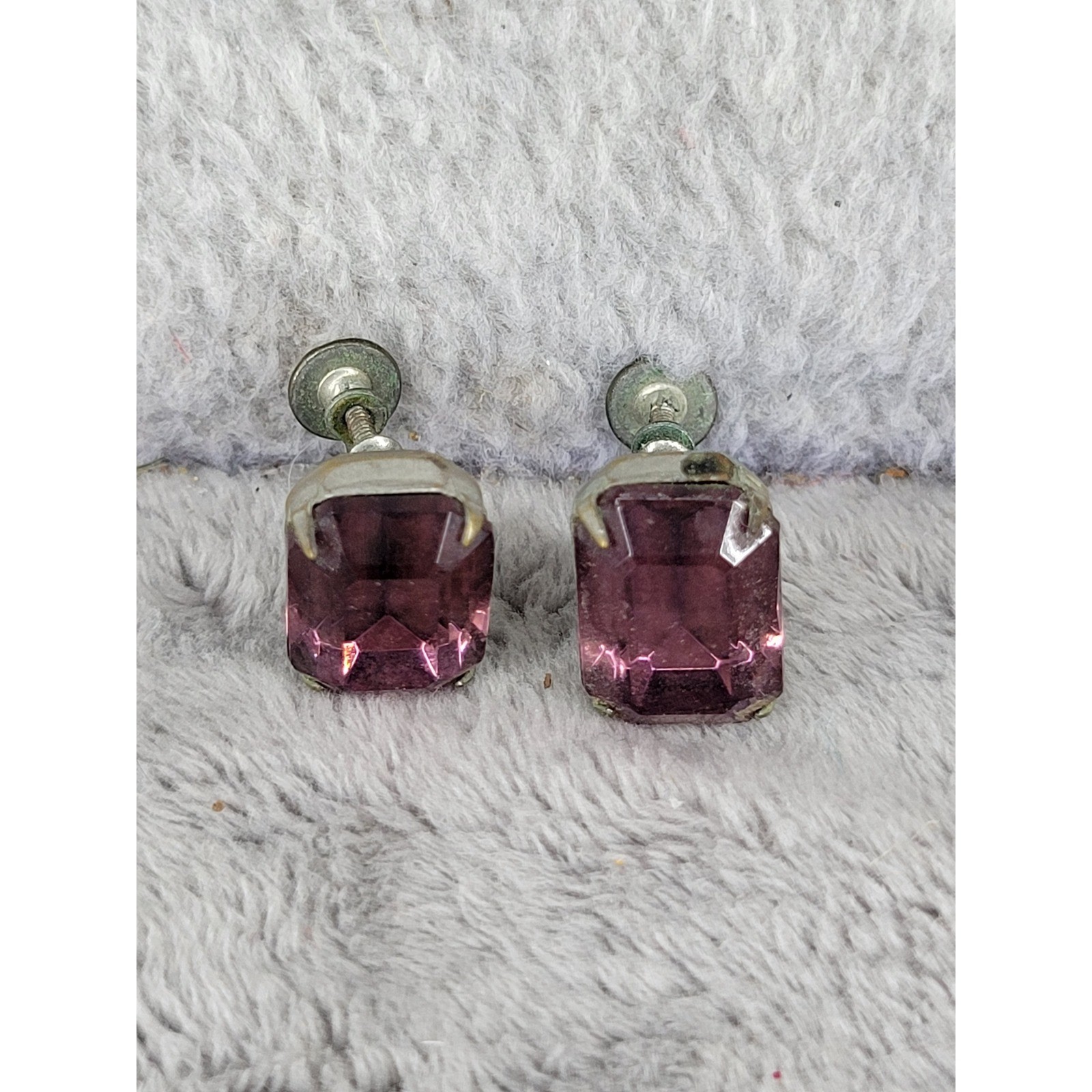Vintage Rectangular Amethyst Gem Screw Back Earri… - image 1