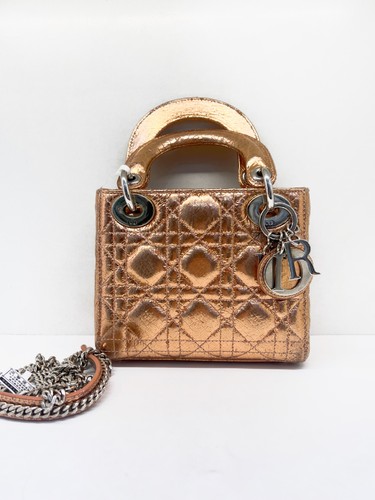 Dior Lady Dior Mini Rose Gold Cracked Metallic Cannage Bag Silver Hardware Auth