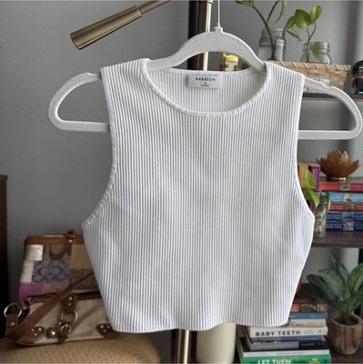 Babaton White Ribbed Knit Cropped Tank Top Round Neck Sleeveless Size M