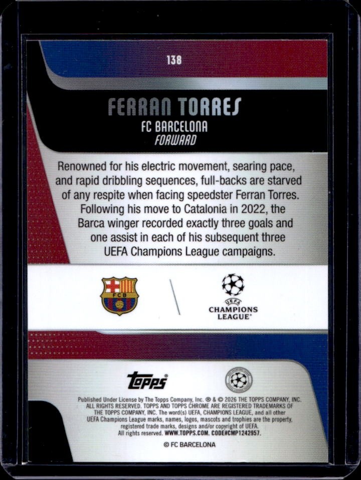 2025-26 Topps Chrome UEFA Sapphire Ferran Torres Gold Refractor #/50 Barcelona view 2