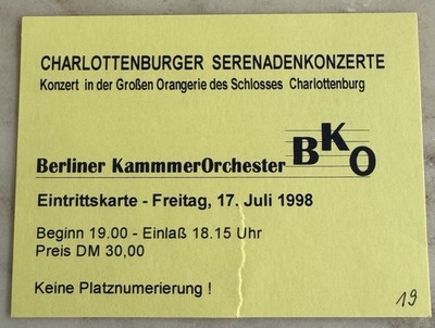 Charlottenburger Serenadenkonzerte, BKO, Eintrittskarte, 17.07.1998 Berlin