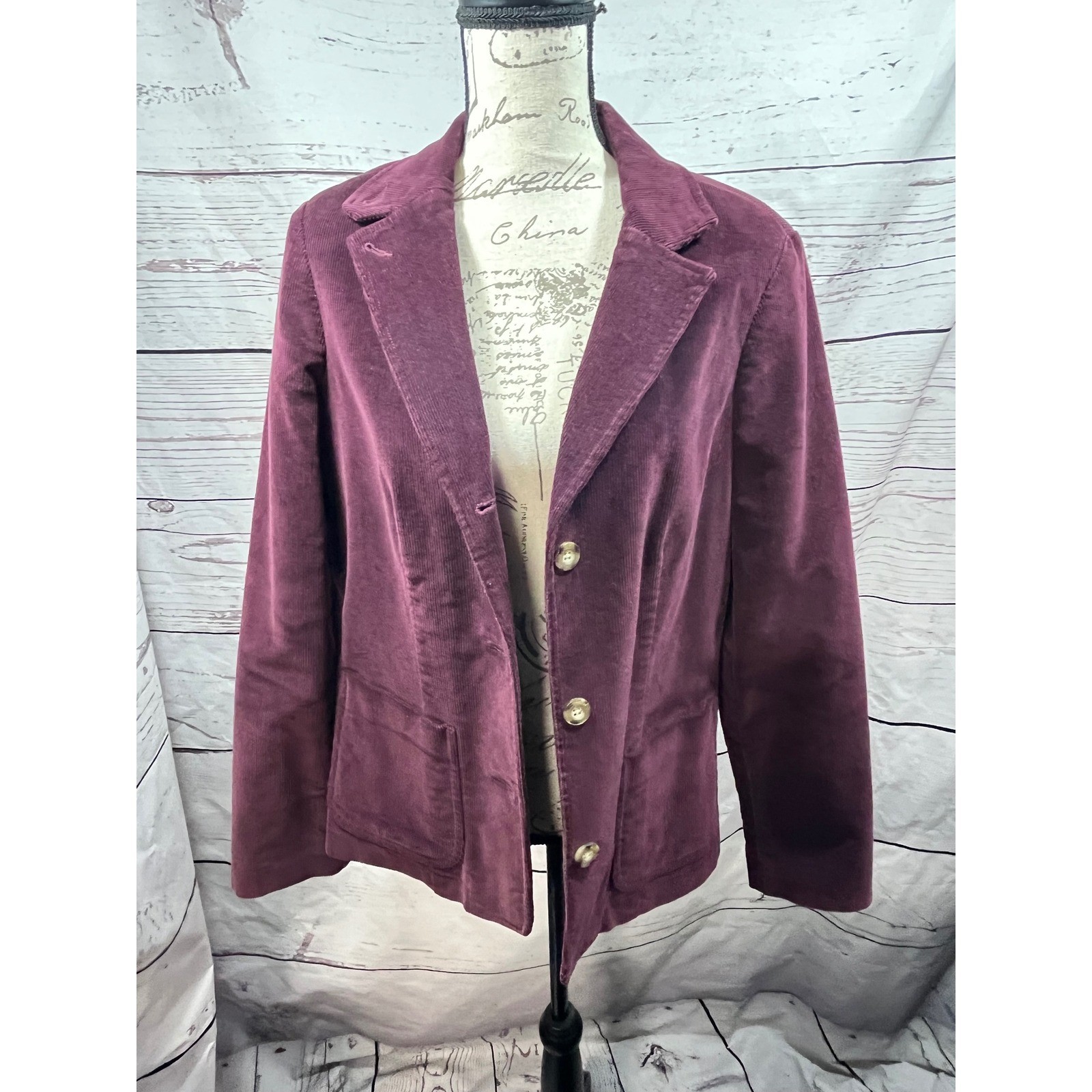 LL Bean Womens Corduroy Blazer Jacket Burgundy Plum Cotton Stretch Size 12 Reg